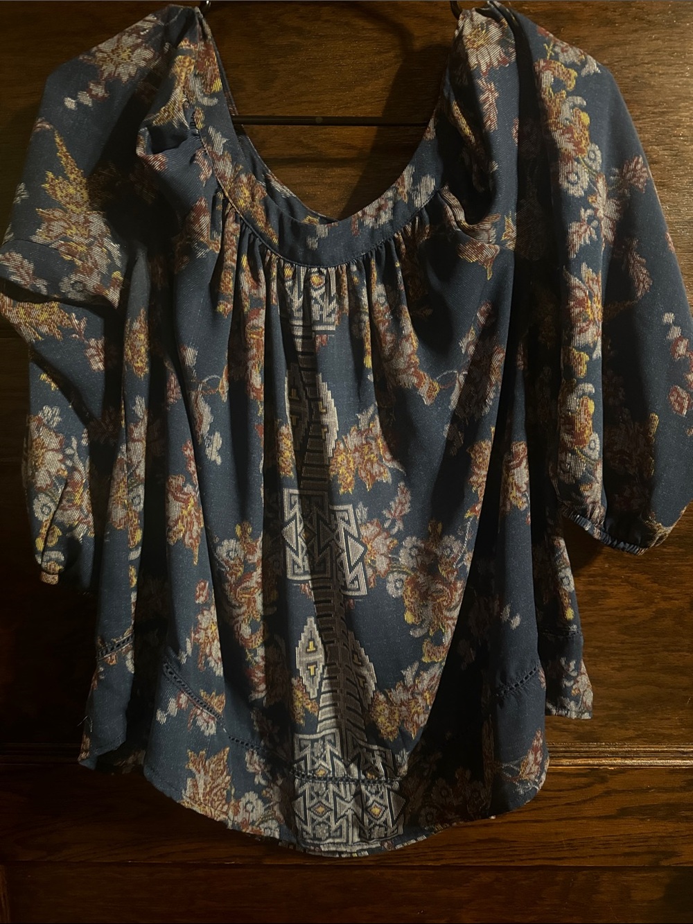 Knox Rose cold-shoulder Floral Scoop Neck Tunic in Slate Blue and Rust